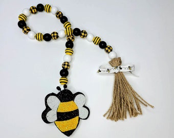 Honey Bee Wood Bead Garland: Glittered Bee Tiered Tray Decor