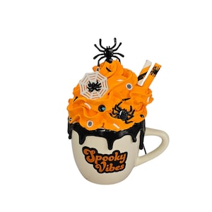 Halloween Spiders Mug, Neon Orange Whipped Cream Mug, Spider Mini Mug, Faux Whipped Cream Mug, Halloween Tiered Tray Decor