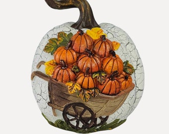 Fall Ceramic Pumpkin with 3D Cart: Crackled Farmhouse Thanksgiving Decor