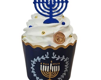 Faux Hanukkah Menorah Cupcakes - Tiered Tray Decor - Chanukah Bakery Display Cupcake