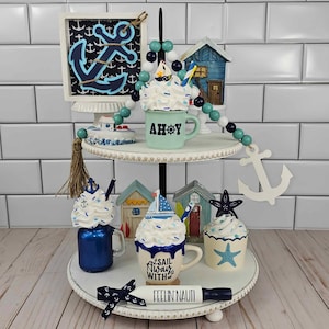 Summer Tiered Tray Bundle, Nautical Decor, River House, Lake House, Beach House, Sailboat Deco, Boat Mug, Anchor Mini Sign, Sailboat Decor