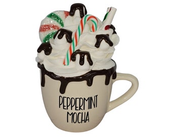 Peppermint Mocha Mini Mug, Faux Whipped Cream, Tiered Tray Decor