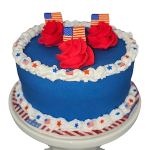 4th of July Decor, Dessert Table Prop, USA Flag Cake, Patriotic Fake Cake Decor – Red White Blue Cake for 4th of July Tiered Tray Display