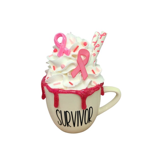 Cancer Survivor Mini Mug, Breast Cancer Awareness Mini Mug, Fake Whipped Cream, Breast Cancer Survivor Mug, Pink Ribbon Tiered Tray Decor