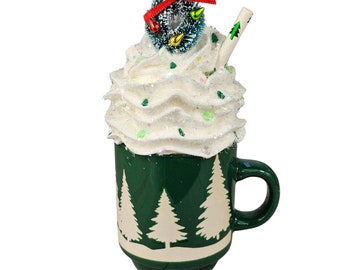 Handmade Christmas Tree Mug, Faux Whipped Cream Topper, Tiered Tray Decor