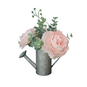 Mini Rose Watering Can Arrangement: Pink Faux Floral Tiered Tray Decor