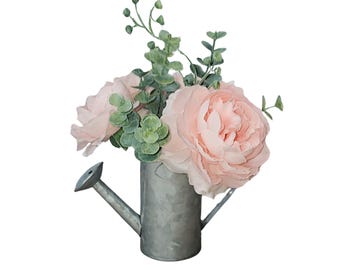 Mini Rose Watering Can Arrangement: Pink Faux Floral Tiered Tray Decor