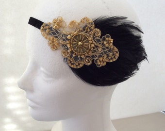GOLD Great Gatsby Headband, Black Feather fascinator, GOLD Flapper dress headpiece Art deco bridal Wedding 1920s beige hair accessory