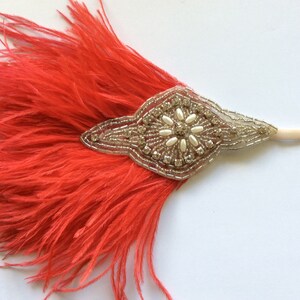 Red feather headband, Silver Art Deco headpiece rhinestone headband, flapper style fascinator, 1920 silver headband, great gatsby ostrich