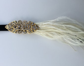 Gold Art Deco Crystal Feather Headpiece: Ivory Ostrich Bridal Hair Band