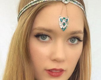Emerald Green Art Deco Headpiece: Sapphire Jewel Forehead Band