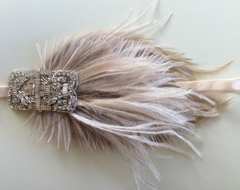 1920s Champagne Beige Feather Headband: Art Deco Rhinestone Ostrich Flapper Accessory