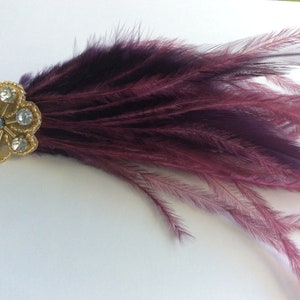 PLUM Eggplant Feather Hair Clip, Purple Aubergine Feathers  Great Gatsby Gold rhinestone hair clips  Wedding bridal fascinator petite Small