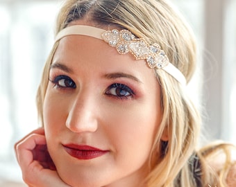 Champagne Gatsby Headpiece, 1920s Bridal Headband, Great Gatsby Wedding accessoire Silver Flapper Blush perséien, Amethyst Gray