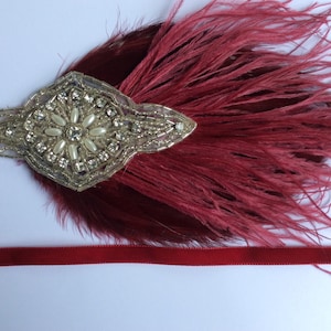 BURGUNDY WINE feather headband, Great Gatsby feather fascinator, beige ostrich feathers hair piece, rhinestone pearl beading, flapper 1920s