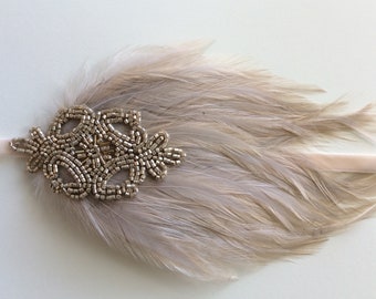 Champagne Feather Headband: 1920s Flapper Style Rhinestone Headpiece