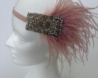 Blush Pink Feather Rhinestone Headpiece, 1920s Flapper Wedding Fascinator
