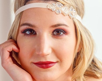 1920s Beaded Headband, Great Gatsby Flapper Headpiece, Velvet Ribbon