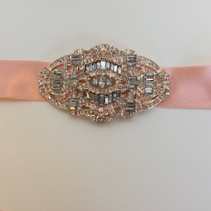 1920s Bridal sash rose gold Art Deco jewel wedding belt, Great gatsby rhinestone headpiece  blush belt, wedding 1920s dress ribbon sash