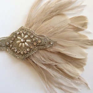 BEIGE Feather Fascinator, Silver Art Deco headpiece Rhinestone Headband, Great Gatsby Flapper style accessories, 1920s Red Feather ostrich