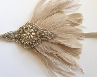 Art Deco Rhinestone Feather Headband, Vintage Silver Flapper Headpiece