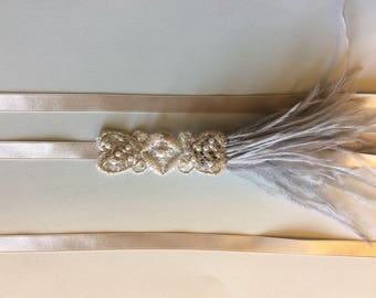 Gatsby Headpiece: Silver Beaded Flapper Headband with Ostrich Feathers