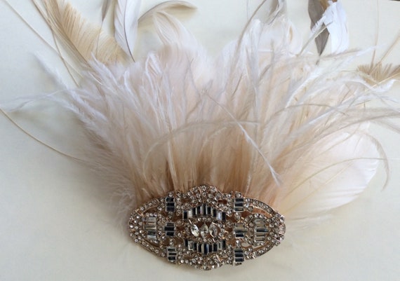 Champagne Feather Hair Clip, 1920s Bridal Headpiece, Rhinestone Comb