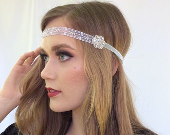 Casque Great Gatsby ARGENT, serre-tête orné de perles noires, ruban de velours noir, accessoire de coiffure des années 1920, strass en cristal clapet