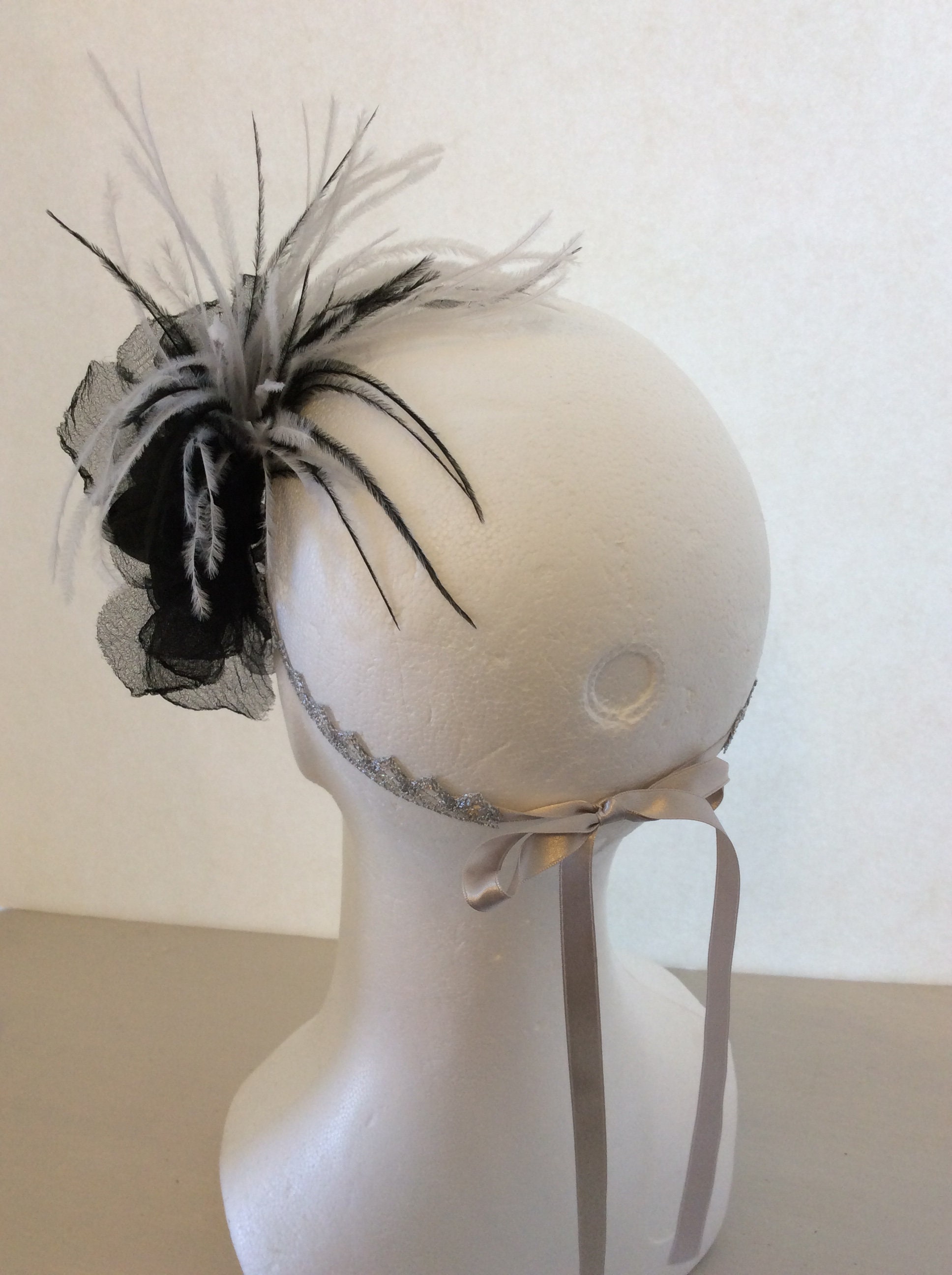Black ivory and silver one of a kind oversized flower headband bow fascinator 1920s Parisian Fascinator: Black Silk Flower Headband With  main image 3