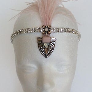 BLUSH FLAPPER DRESS Headpiece, Great Gatsby New Year&#39;s Eve Fascinator, Pink Jewel Forehead dangle headband, Roaring 20s party headpiece