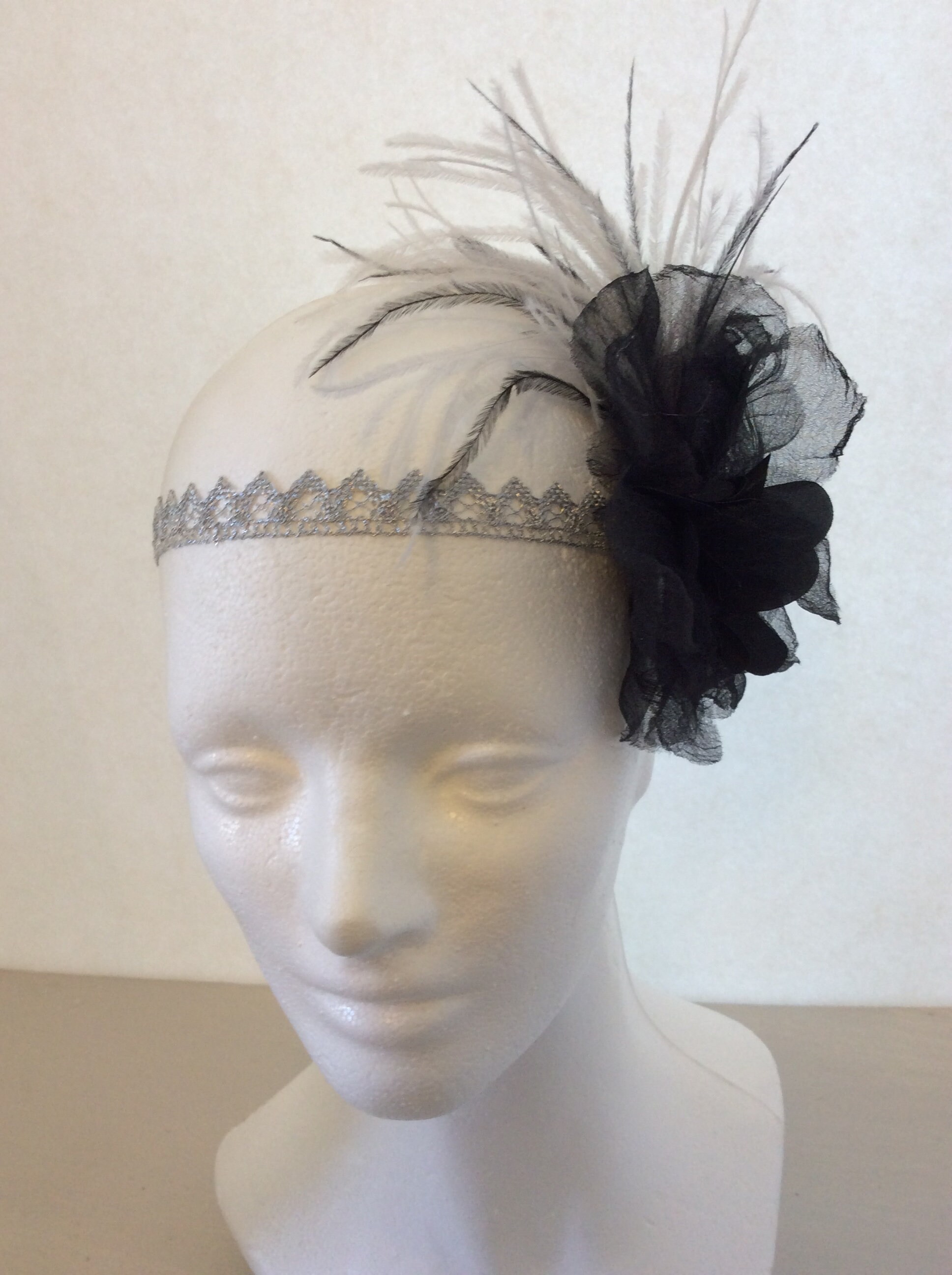 1920s Parisian Fascinator: Black Silk Flower Headband With 