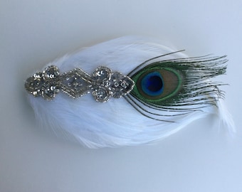 Peacock Feather Hair Clip: Silver Beaded Gatsby Bridal Fascinator