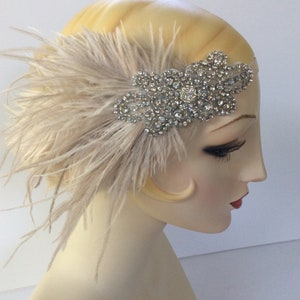 Champagne Great Gatsby Headband, BEIGE 1920s Feather Fascinator, Art deco baguette crystals rhinestone headpiece, Ostrich Flapper Dress