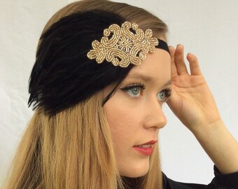 Bandeau style années 1920, fascinateur de perles champagne, plume, ruban de velours