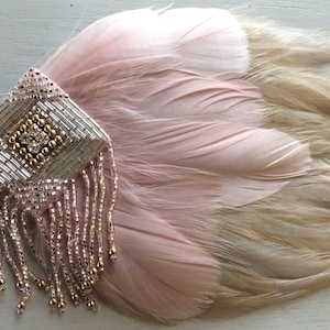 BEIGE BLUSH Headband, Great Gatsby Silver Pink Beaded headpiece, Beige and Blush Flapper dress hair accessory 1920s Feathers Fascinator