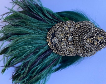 Green Ostrich Feather Hair Clip: Beaded Rhinestone Fascinator