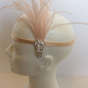 Blush pink feather headband, Silver Art Deco headpiece rhinestone flapper style fascinator, 1930s silver headband, great gatsby ostrich