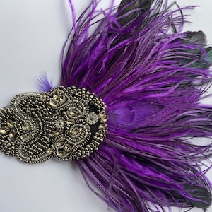 PURPLE feathers Great Gatsby headband, 1920s fascinator, gray beaded and rhinestone crystals headpiece, Art Deco 1920s hair piece,