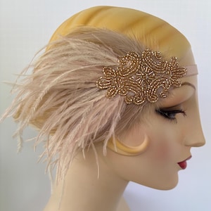 BEIGE 1920s Feather HEADBAND, Champagne Great Gatsby Fascinator, blush pink ostrich feathers, Art deco beaded headpiece, stretch elastic