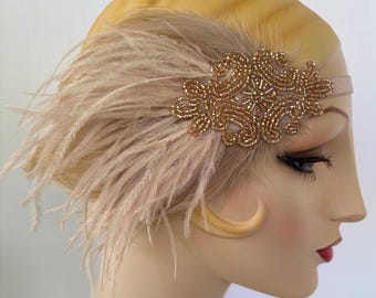 Beaded Great Gatsby Headband, Beige Feather Fascinator, Art Deco Headpiece