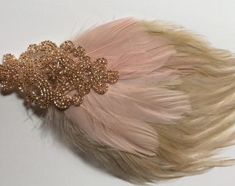 Champagne Beaded Feather Headpiece: Blush Pink Gatsby Wedding Guest Hair Accessory