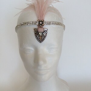 Pink Great Gatsby Blush feather Headpiece, 1920s Art Deci Fascinator dangle Jewel forehead headband, glam bling wedding Party hair flapper