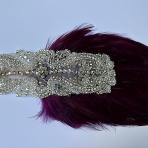PLUM Eggplant Great Gatsby feather Aubergine headpiece, 1920s Silver Bridal wedding headband,  fascinator, gray Rhinestones Crystals Silver