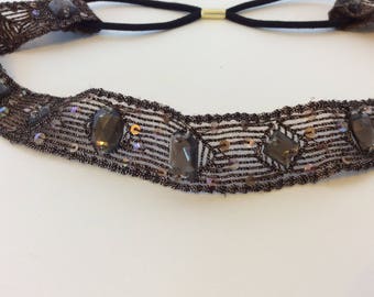 Bronze Beaded Flapper Headband: 1920s Art Deco Gemstone Headpiece