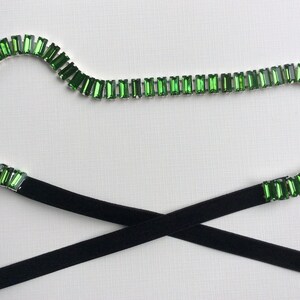 Green Art Deco 20s baguettes crystal headband, 1920s grass green ribbon ties dress sash, bridal wedding flapper blue, burgundy, amethyst
