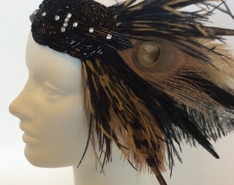 TOPAZ feather fascinator, Black Art Deco headpiece, Great gatsby feather headband, golden and black, Tiger’s eye hair accessories 1920s