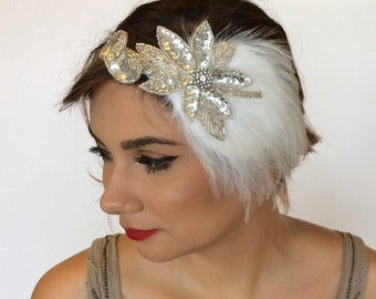 Cerchietto di piume: foglia di paillettes argentate, flapper art déco, lago dei cigni