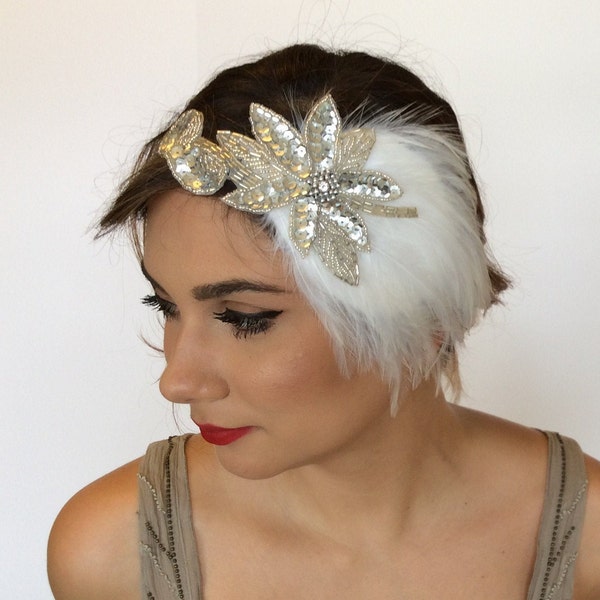 Bandeau white Swan Lake, Odette Fascinator, plumes blanches Costume de danse Ballerina fascinateur flapper noir cygne fascinateur Sequins