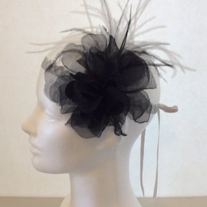 1920s Parisian Fascinator, Black silk organza flower headband, Silver ostrich feathers, Floral Headpiece, metallic burlesque  Goth Wedding