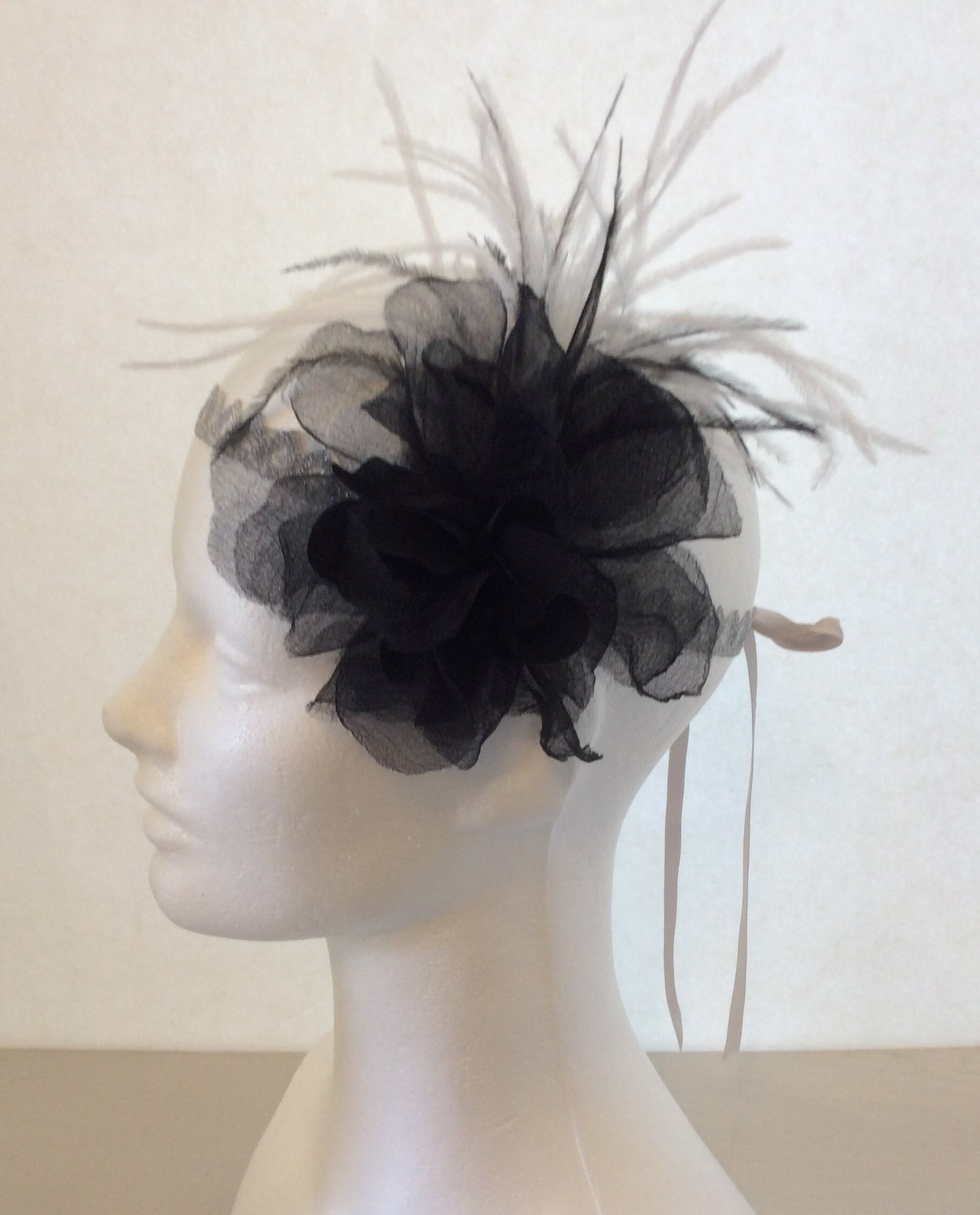 Black ivory and silver one of a kind oversized flower headband bow fascinator 1920s Parisian Fascinator: Black Silk Flower Headband With  main image 4